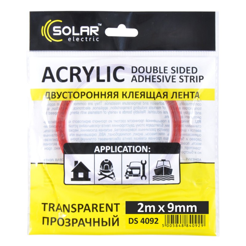 Стрічка клеюча двостороння Solar, ACRYLIC (VHB), прозора, 9ммx2м
