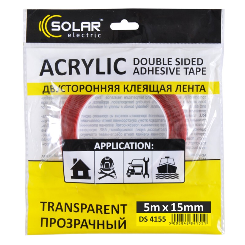 Стрічка клеюча двостороння Solar, ACRYLIC (VHB), прозора, 15ммx5м