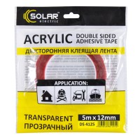 Стрічка клеюча двостороння Solar, ACRYLIC (VHB), прозора, 12ммx5м