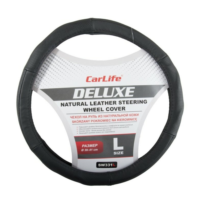 Чохол на кермо Carlife 39-41 см шкіряний Delux, чорний SW331L