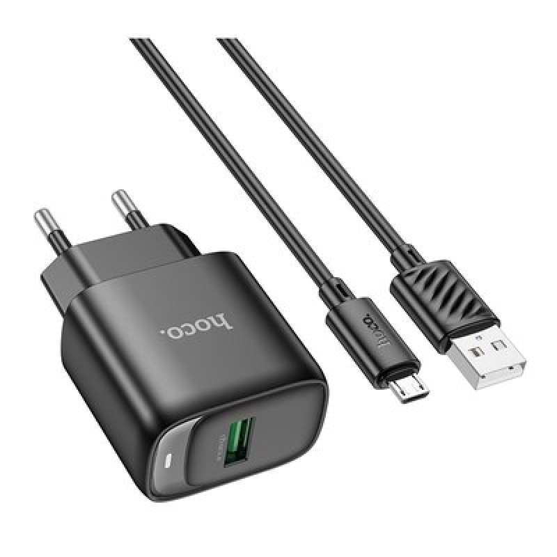 Мережевий зарядний пристрій Hoco C140A Smart single port QC3.0 charger set(Micro)(EU) Black (6942007627801)