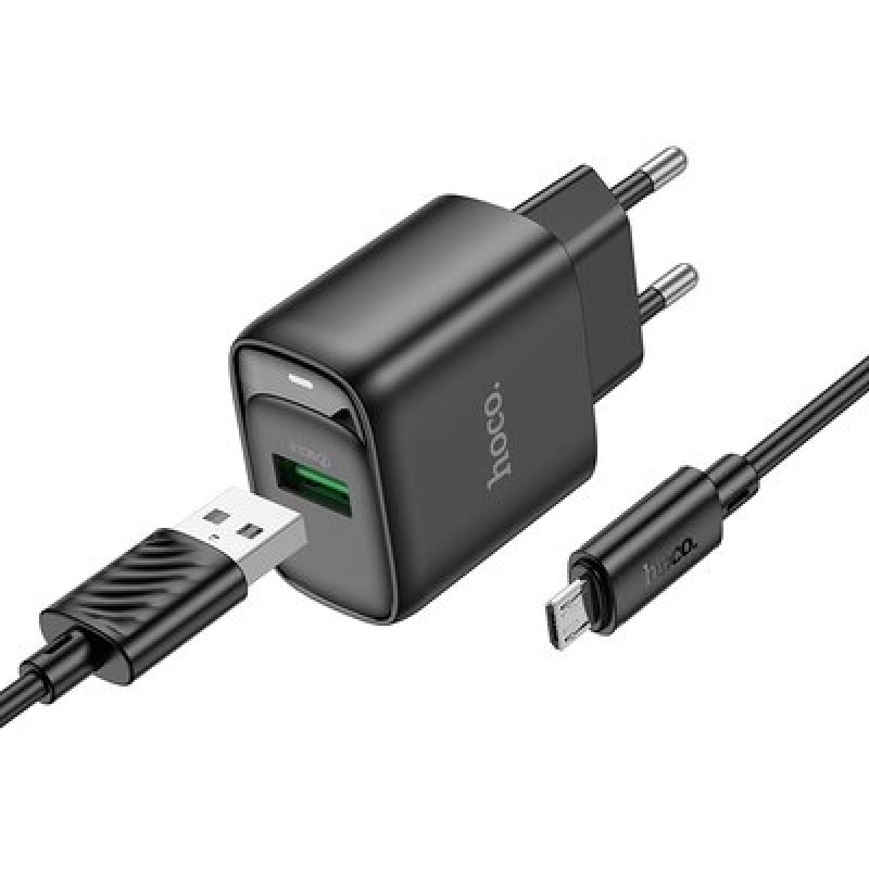 Мережевий зарядний пристрій Hoco C140A Smart single port QC3.0 charger set(Micro)(EU) Black (6942007627801)