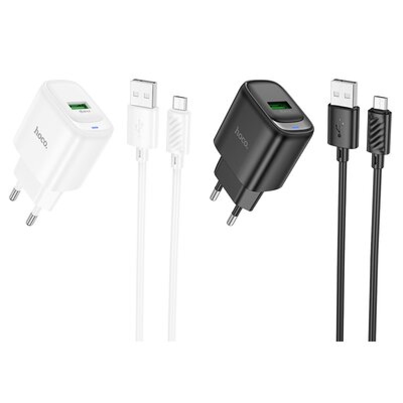 Мережевий зарядний пристрій Hoco C140A Smart single port QC3.0 charger set(Micro)(EU) Black (6942007627801)