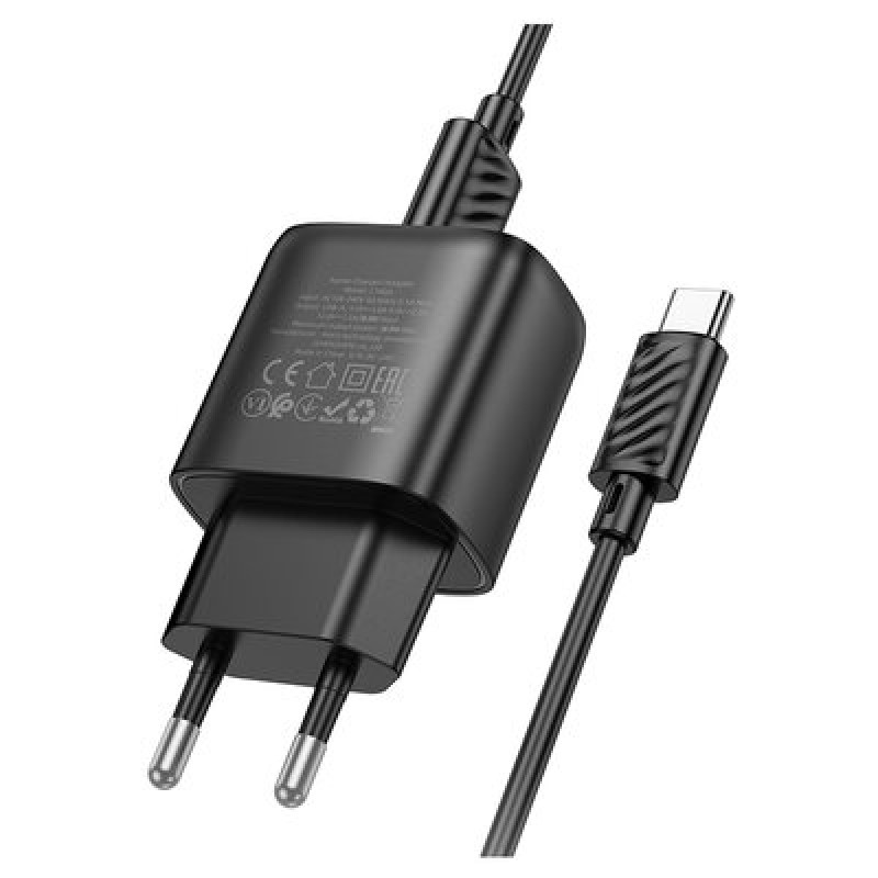 Мережевий зарядний пристрій Hoco C140A Smart single port QC3.0 charger set(Type-C)(EU) Black (6942007627825)