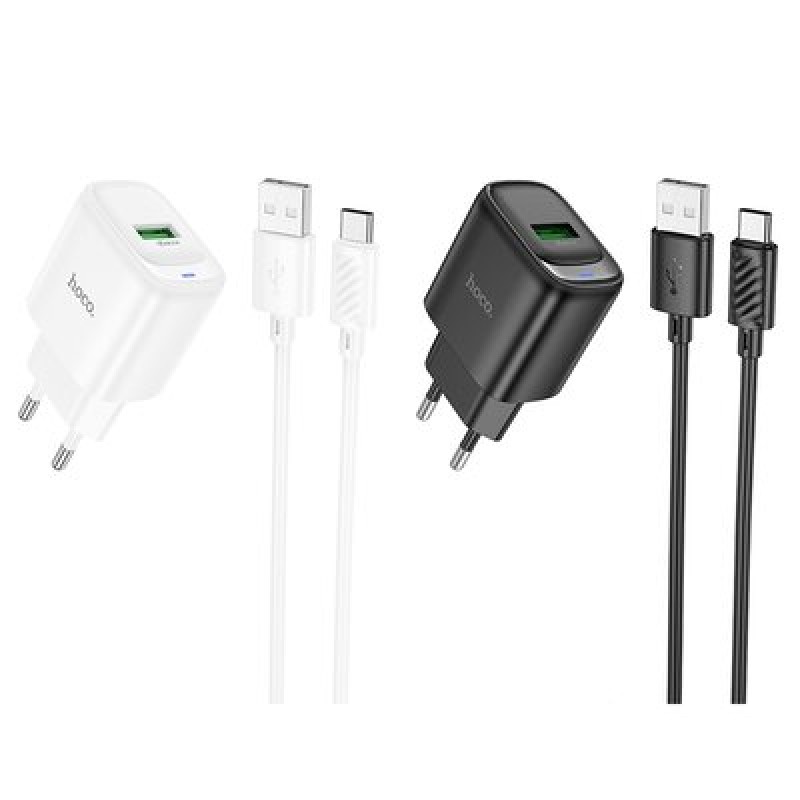 Мережевий зарядний пристрій Hoco C140A Smart single port QC3.0 charger set(Type-C)(EU) Black (6942007627825)