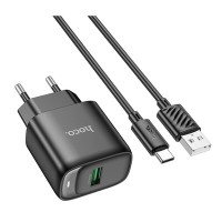 Мережевий зарядний пристрій Hoco C140A Smart single port QC3.0 charger set(Type-C)(EU) Black (6942007627825)