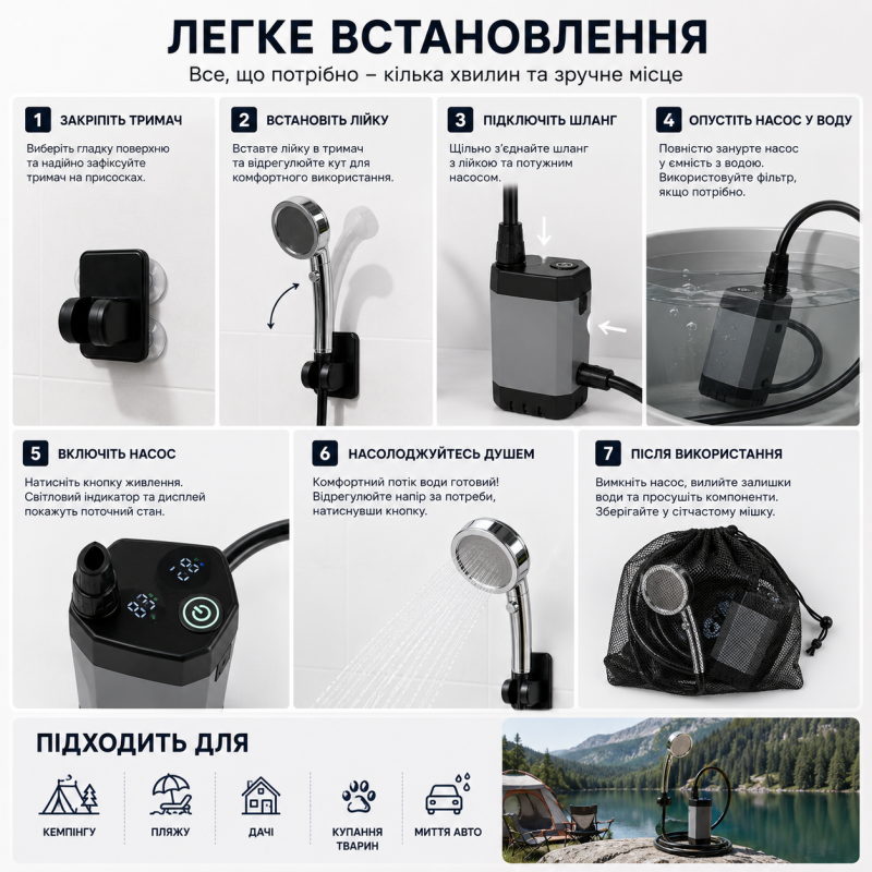 Портативний душ з насосом на акумуляторі та цифровим дисплеєм - срібний