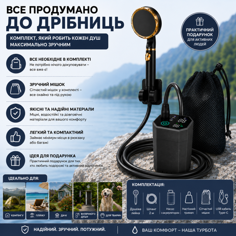 Портативний душ з насосом на акумуляторі та цифровим дисплеєм - чорний