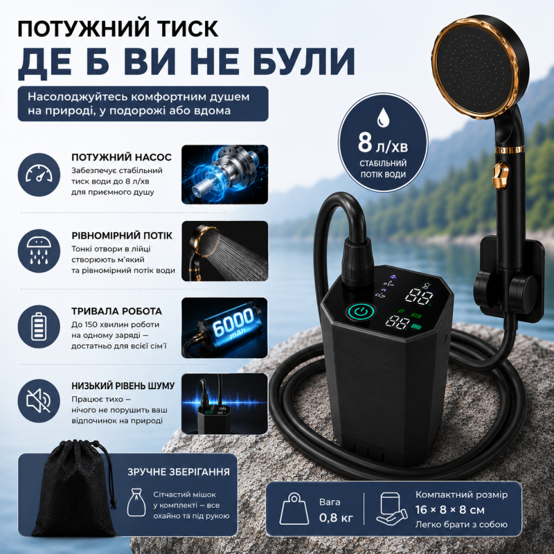 Портативний душ з насосом на акумуляторі та цифровим дисплеєм - чорний