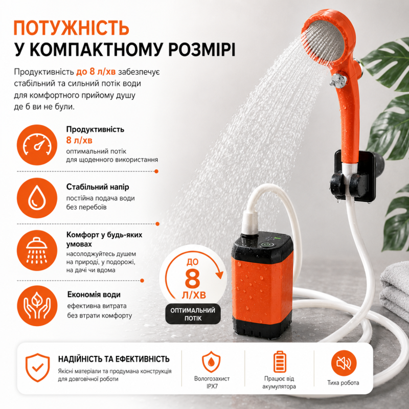 Портативний душ з насосом на акумуляторі та цифровим дисплеєм - помаранчевий