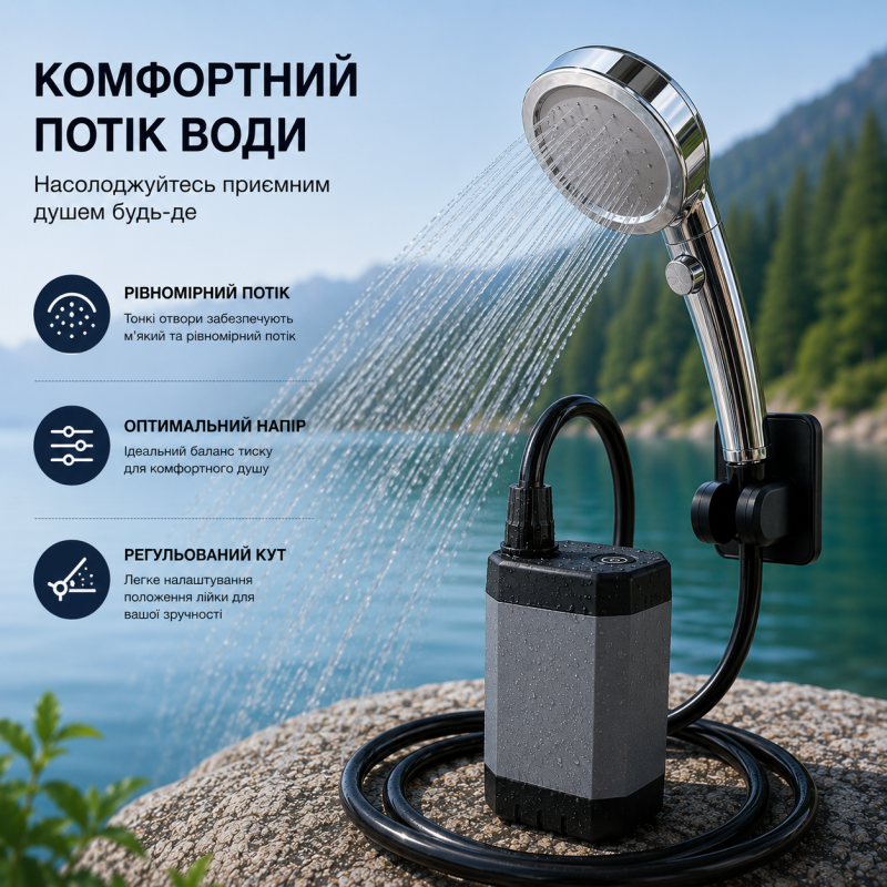 Портативний душ з насосом на акумуляторі та цифровим дисплеєм - срібний