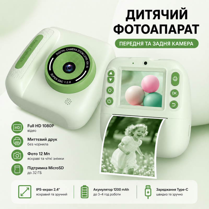 Дитячий цифровий фотоапарат DELANDA з миттєвим друком та записом відео - зелений