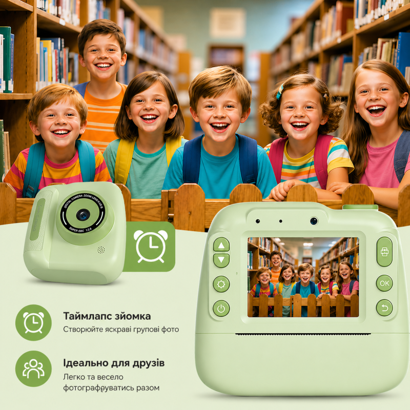 Дитячий цифровий фотоапарат DELANDA з миттєвим друком та записом відео - зелений