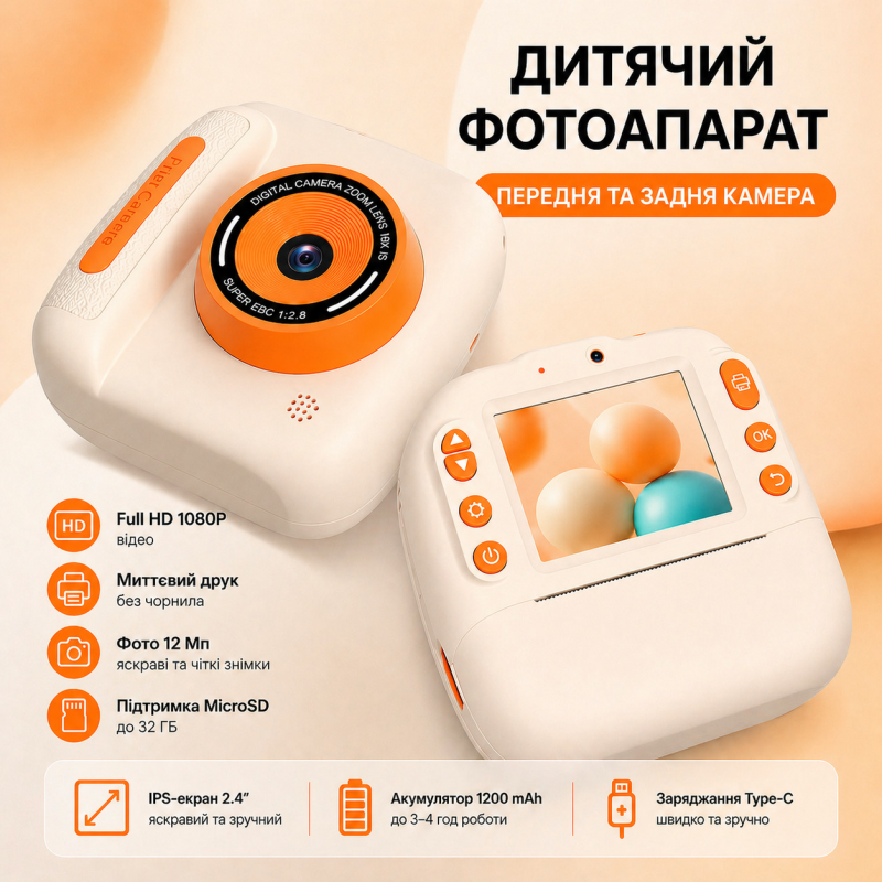 Дитячий цифровий фотоапарат DELANDA з миттєвим друком та записом відео - помаранчевий