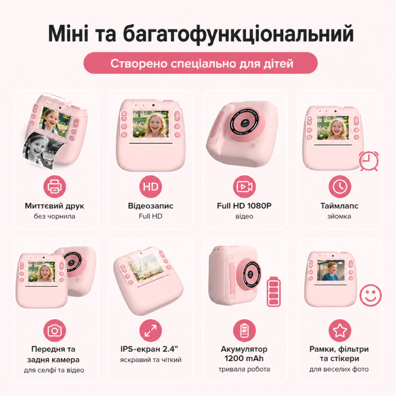 Дитячий цифровий фотоапарат DELANDA з миттєвим друком та записом відео - рожевий