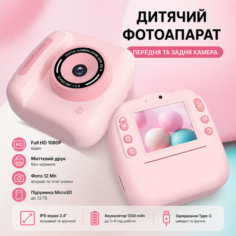 Дитячий цифровий фотоапарат DELANDA з миттєвим друком та записом відео - рожевий