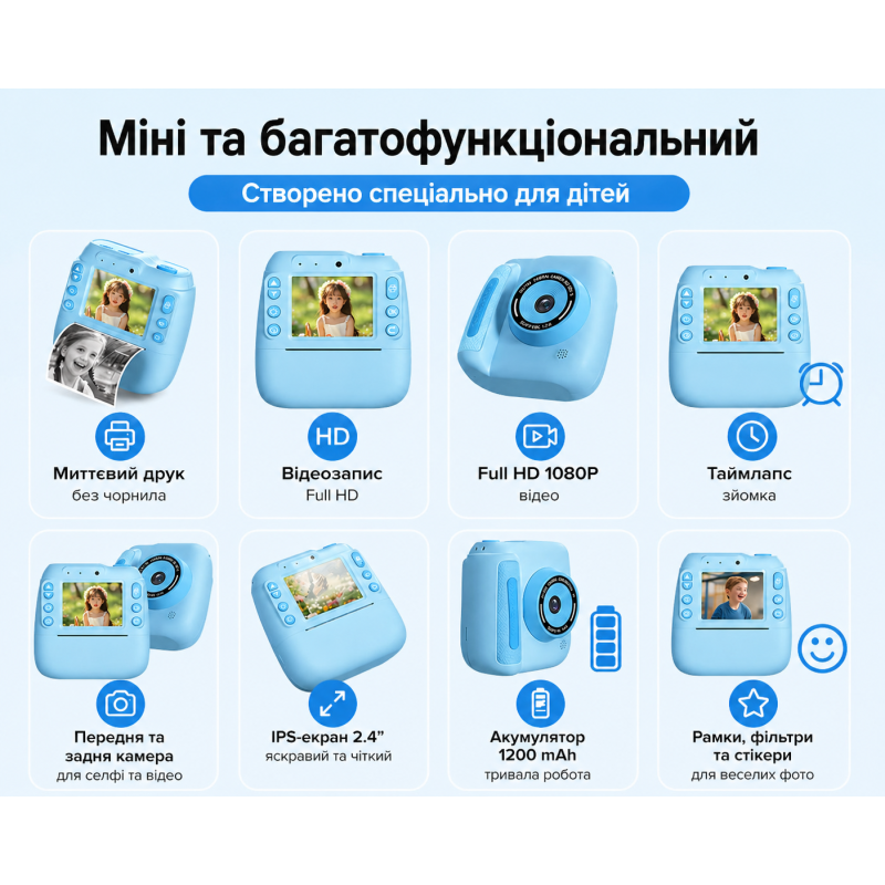 Дитячий цифровий фотоапарат DELANDA з миттєвим друком та записом відео - блакитний