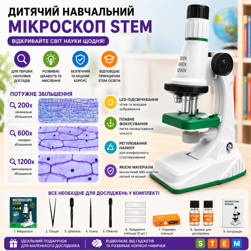 Дитячий навчальний мікроскоп STEM - зелений