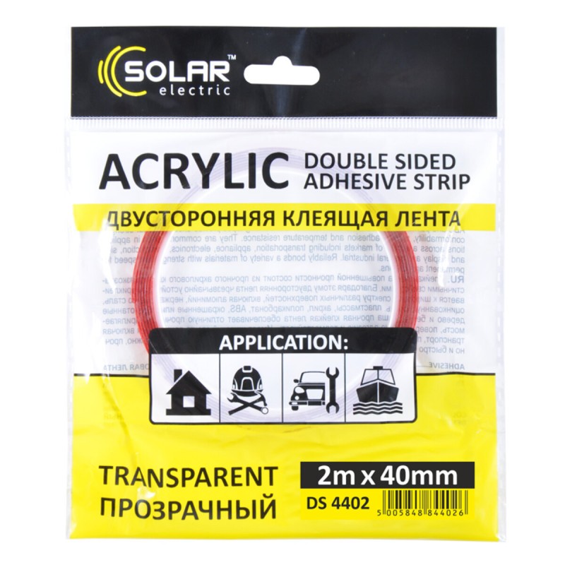Стрічка клеюча двостороння Solar, ACRYLIC (VHB), прозора, 40ммx2м