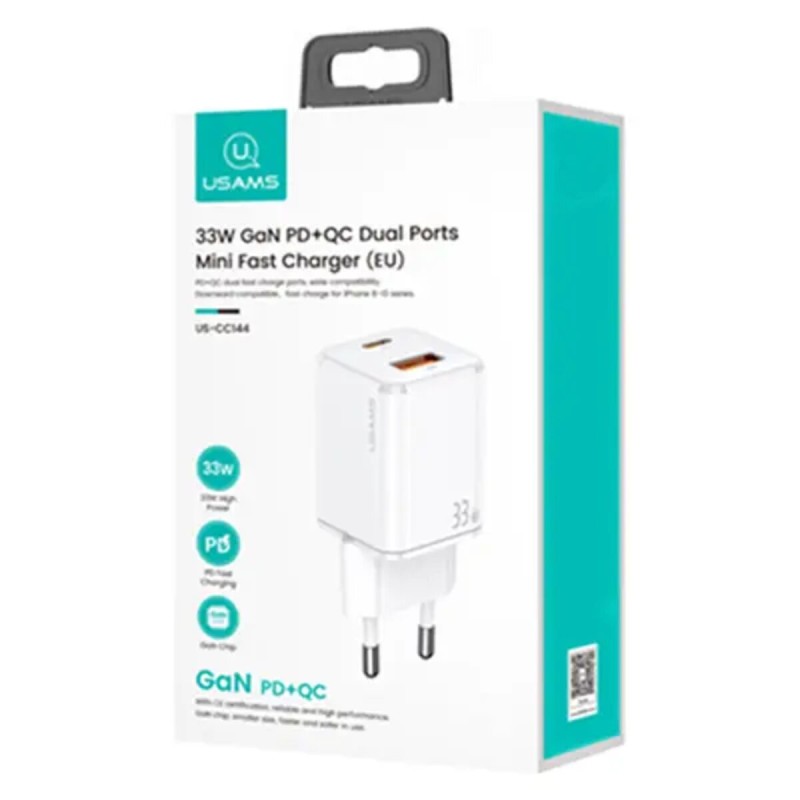 МЗП Usams US-CC144 T43 33W Dual Ports GaN Mini Fast 1A+1C Charger (EU) White