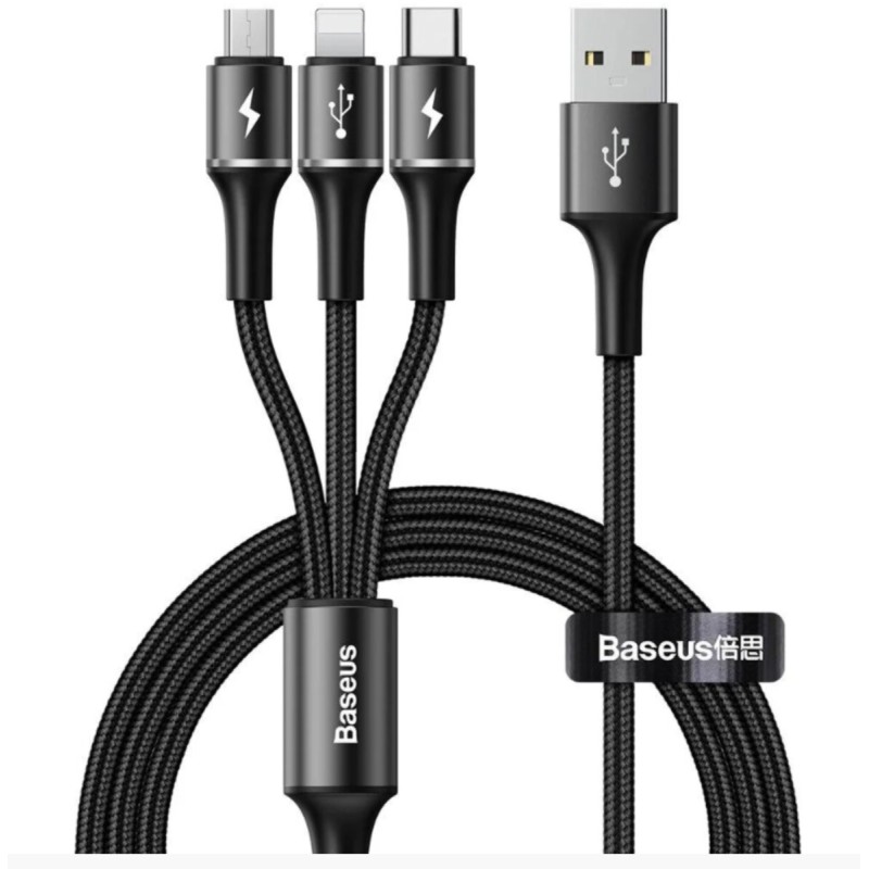 Кабель Baseus halo data 3-in-1 cable USB For M+L+T 3.5A 1.2m Black