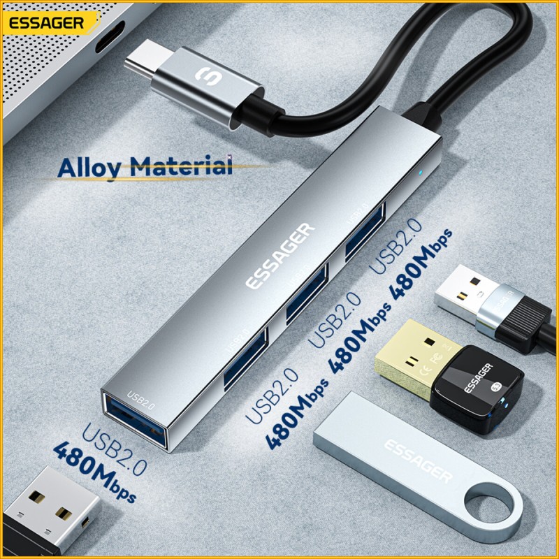 Хаб Essager Fengyang 4 in 1 Splitter (Type-C port)  grey (EHBC04-FY0G-P)