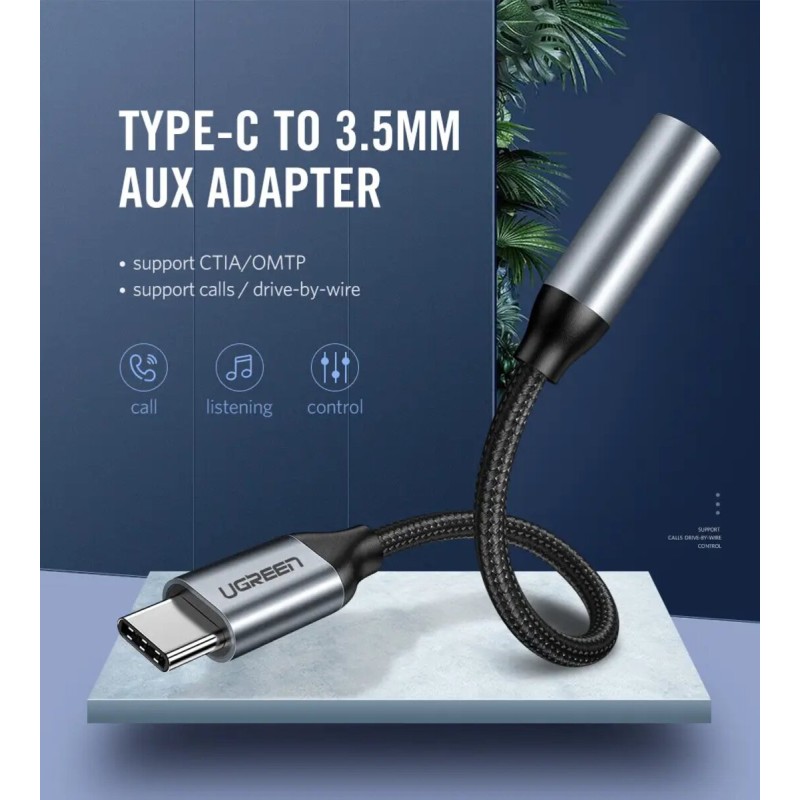 Аудіо кабель UGREEN AV142 USB Type C to 3.5mm Female Cable 10cm (Gray) (UGR-30632)