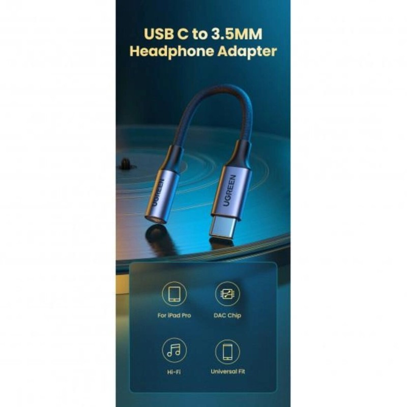 Аудіо кабель з UGREEN AV161 USB-C to 3.5mm M/F Cable Aluminum Shell with Braided 10cm (Space Gray) (UGR-80154)