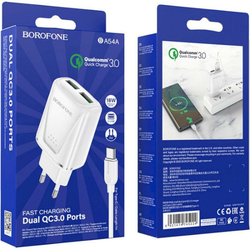 Мережевий зарядний пристрій BOROFONE BA54A Wide road dual port QC3.0 charger (Type-C) 18W White