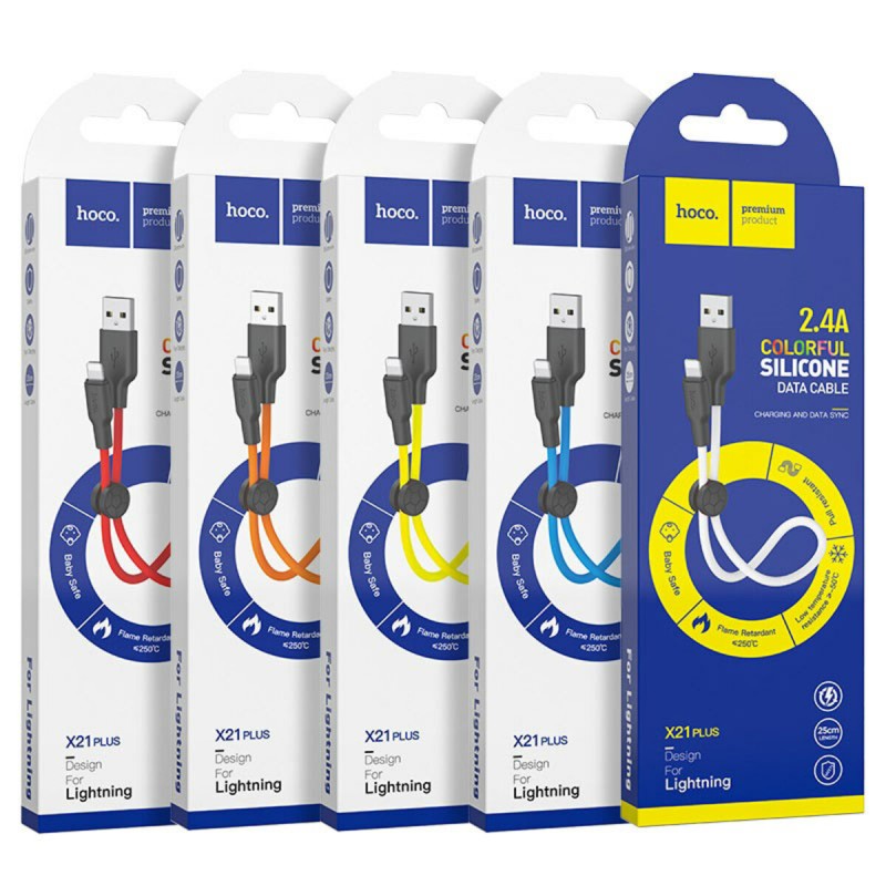 Кабель HOCO X21 Plus USB to iP 2.4A, 0.25m, silicone, silicone connectors,Black+Red