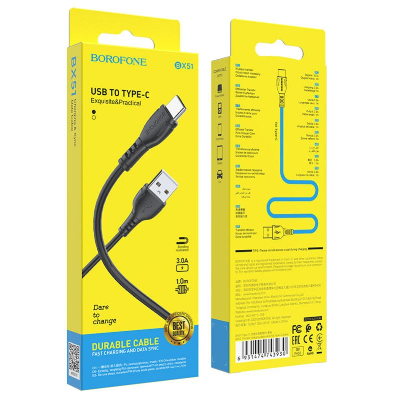 Кабель BOROFONE BX51 Triumph Type-C 1m 3A Black