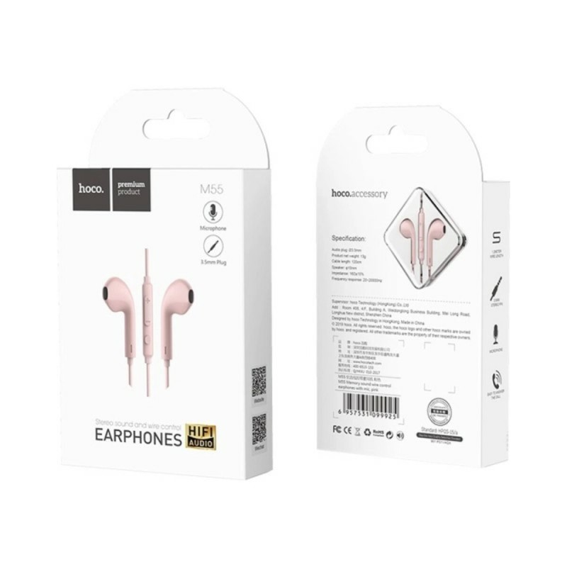 Навушники HOCO M55 Memory sound wire control earphones with mic Pink