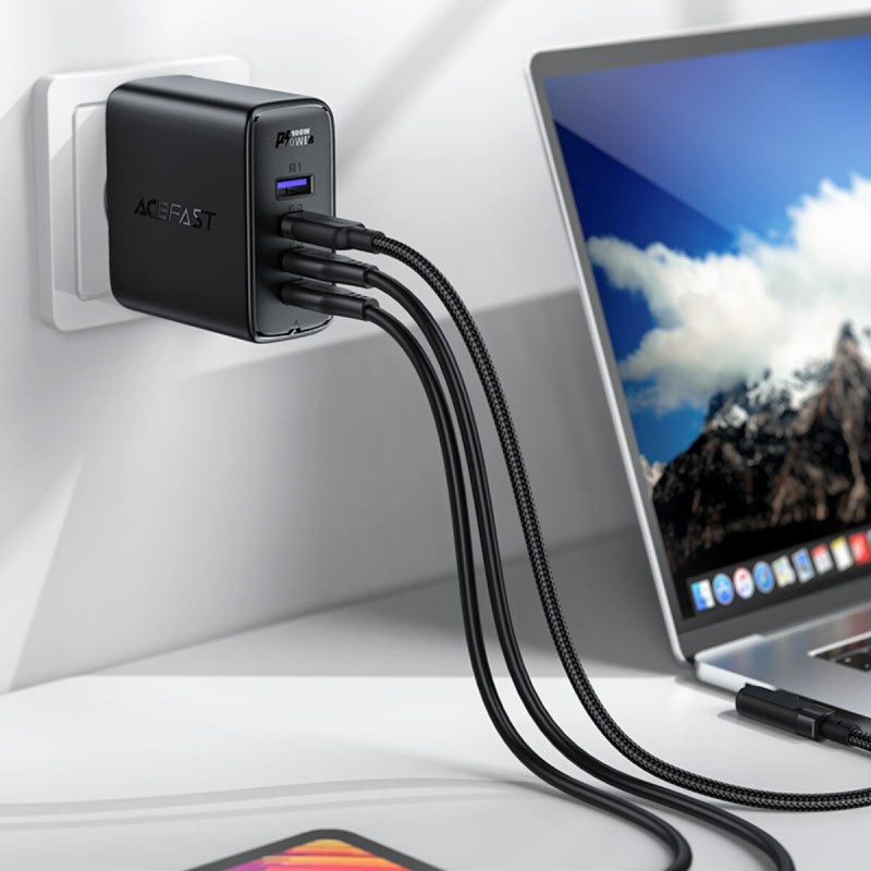 Мережевий зарядний пристрій ACEFAST A37 PD100W GaN (3*CUSB-C+USB-A) charger set Black