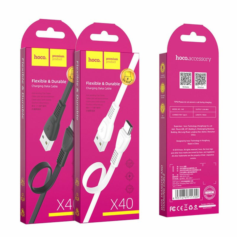 Кабель HOCO X40 USB to Type-C 3A, 1m, TPE, TPE connectors, Black