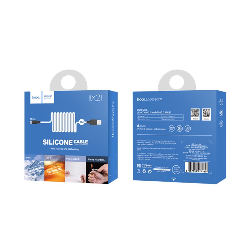 Кабель HOCO X21 USB to Micro 2A, 1m, silicone, TPE connectors, Black+White