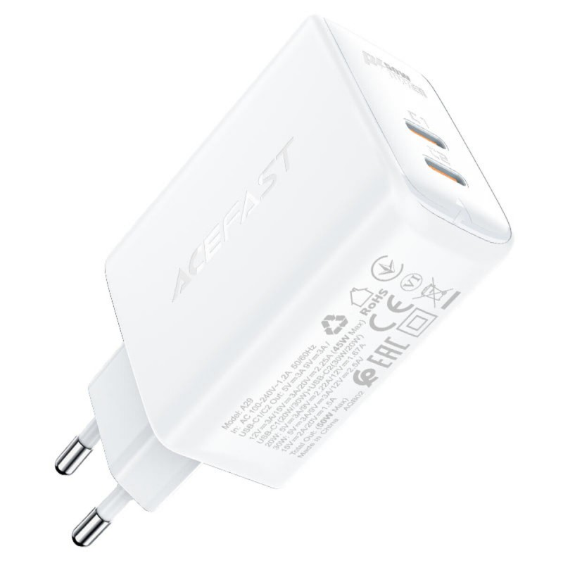 Мережевий зарядний пристрій ACEFAST A29 PD50W GaN (USB-C+USB-C) dual port charger White