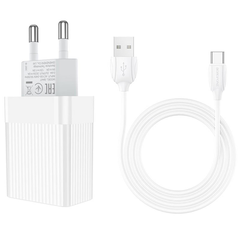 Мережевий зарядний пристрій BOROFONE BA47A Mighty speed single port QC3.0 3A + Type-C cable 18W White