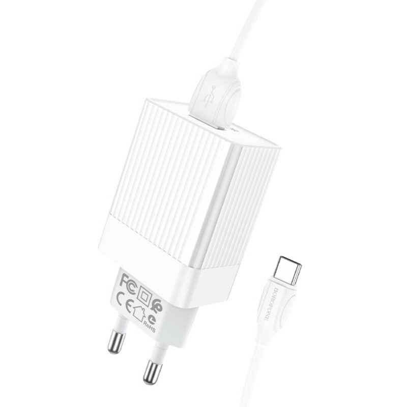 Мережевий зарядний пристрій BOROFONE BA47A Mighty speed single port QC3.0 3A + Type-C cable 18W White