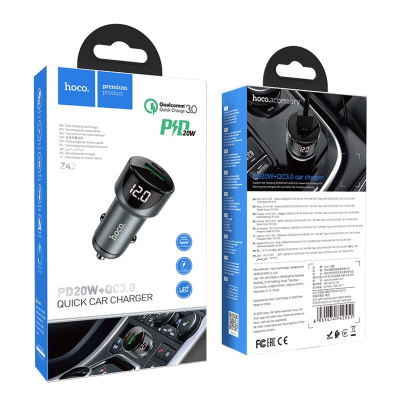 Автомобільний зарядний пристрій HOCO Z42 Light road dual port digital display PD20W+QC3.0 car charger Metal Gray