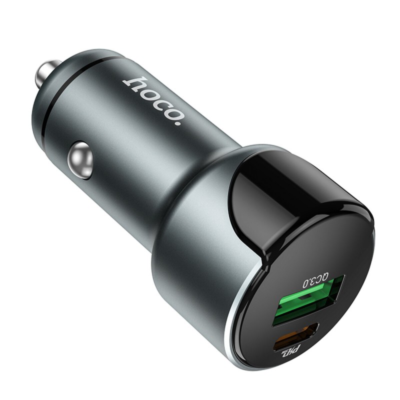 Автомобільний зарядний пристрій HOCO Z42 Light road dual port digital display PD20W+QC3.0 car charger Metal Gray