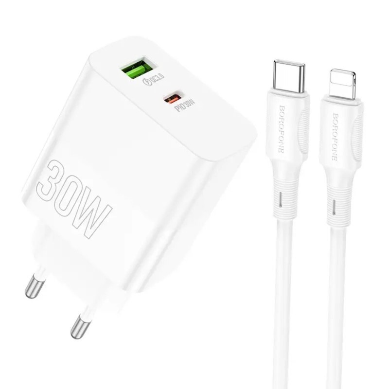Мережевий зарядний пристрій BOROFONE BA75A Powerful dual port PD30W+QC3.0 charger set(C to iP) White