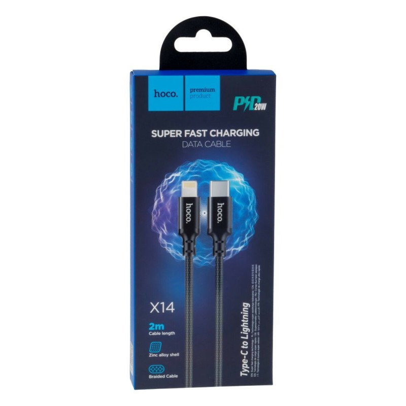 Кабель HOCO X14 Type-C to iP 3A, 20W, 2m, nylon, aluminum connectors, Black