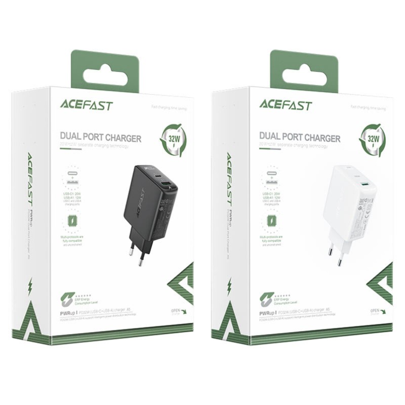Мережевий зарядний пристрій ACEFAST A5 PD32W(USB-C+USB-A) dual port charger Black