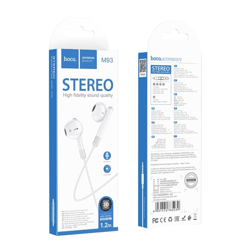 Навушники HOCO M93 wire control earphones with microphone White