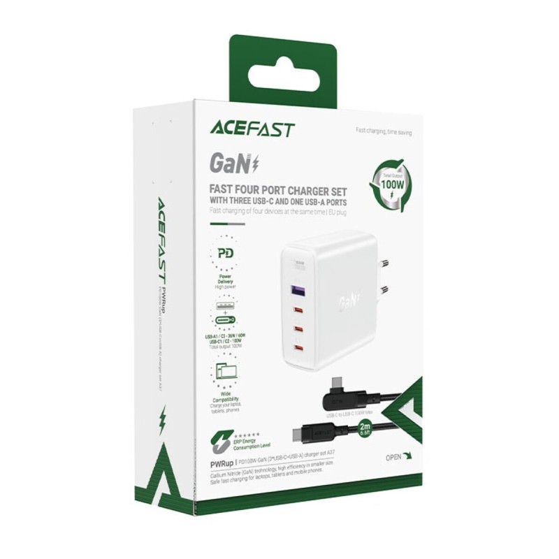 Мережевий зарядний пристрій ACEFAST A37 PD100W GaN (3*CUSB-C+USB-A) charger set White