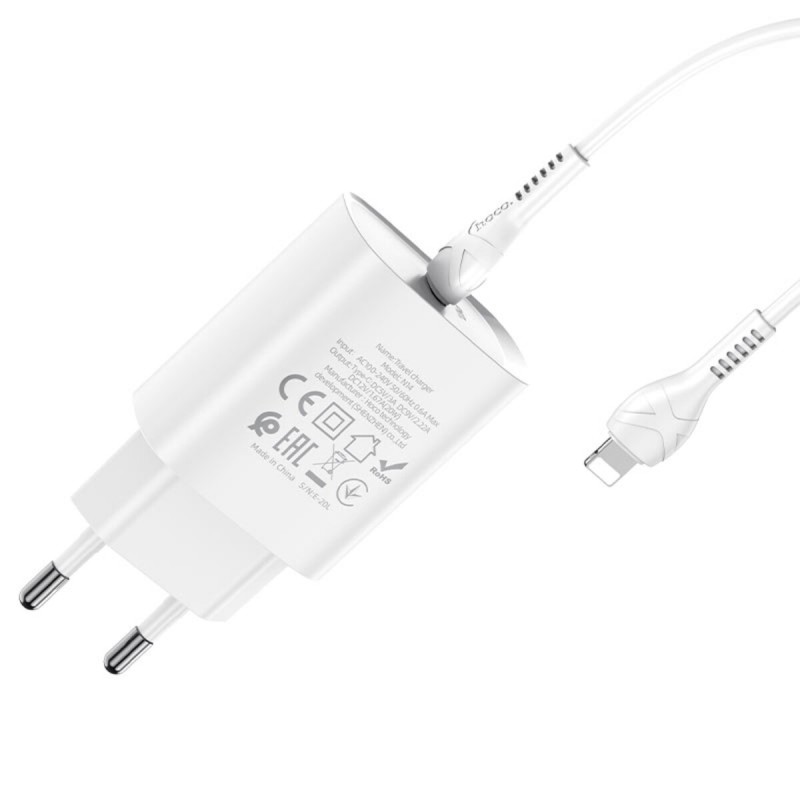 Мережевий зарядний пристрій HOCO N14 Smart Charging single port PD20W charger set(C to iP) White