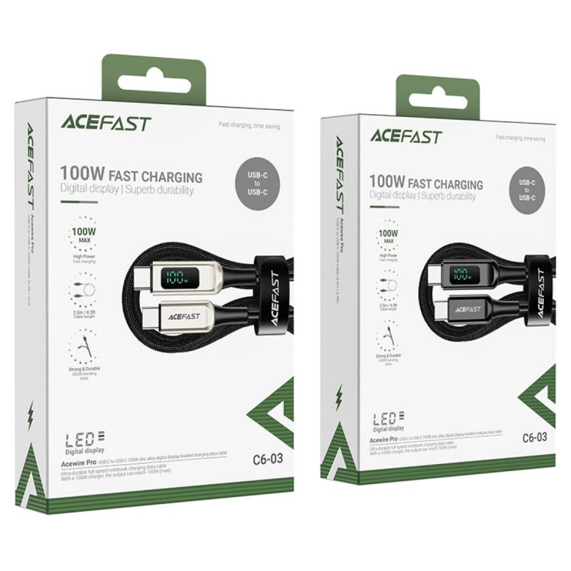 Кабель ACEFAST C6-03 Type-C to Type-C 5A, 100W, 2m, nylon, zinc connectors, digital display, Black