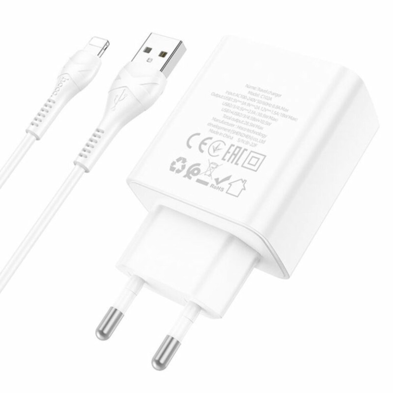 Мережевий зарядний пристрій HOCO C102A Fuerza QC3.0 four-port charger set(iP) 18W White