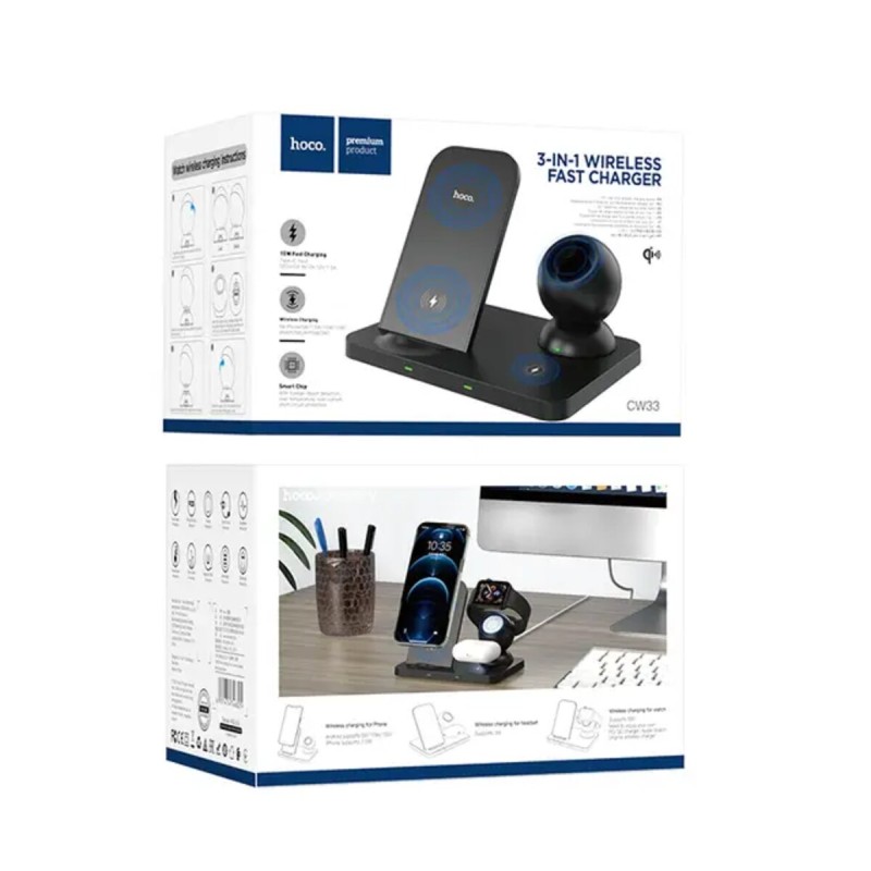 Бездротовий зарядний пристрій HOCO CW33 Ultra-Charge 3-in-1 vertical wireless fast charger Black
