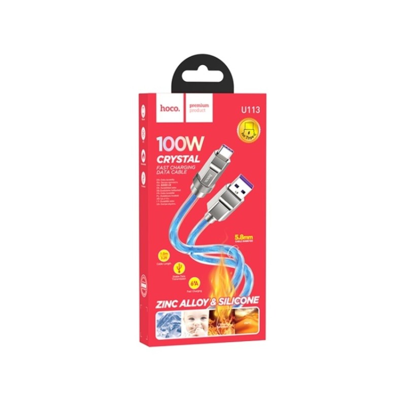 Кабель HOCO U113 Solid 100W silicone charging data cable Type-C Blue